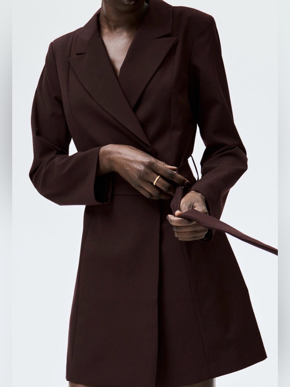 H&M Burgandy Belted Blazer Wrap Dress Wrap-over Feint and Metal D Ring Belt Sz S